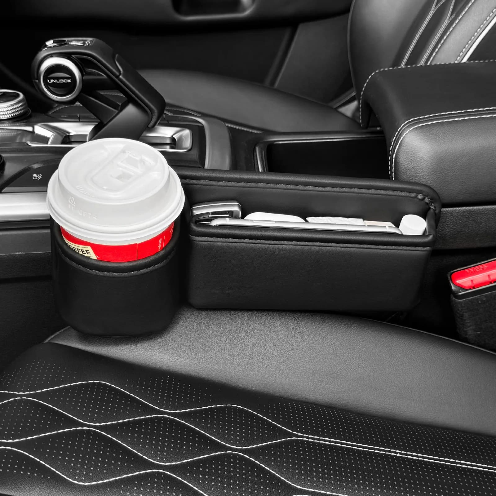 Portabicchieri in pelle per auto Gap Bag Sedile riempitivo Organizer Scatola di immagazzinaggio tra console Foro per cavo universale multifunzionale nero per