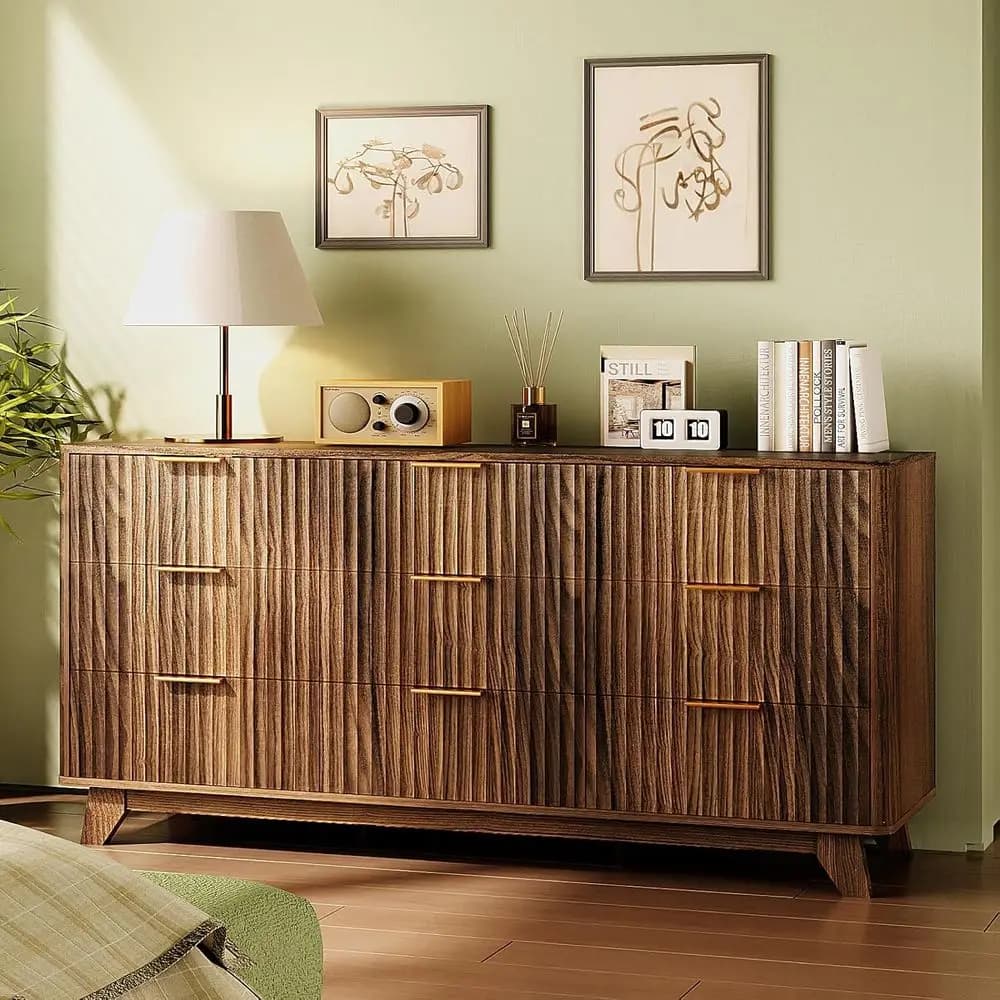 57 Wide Curved Profile Wooden Drawer with Metal Handle, Bedroom Organizer in Walnut Finish
