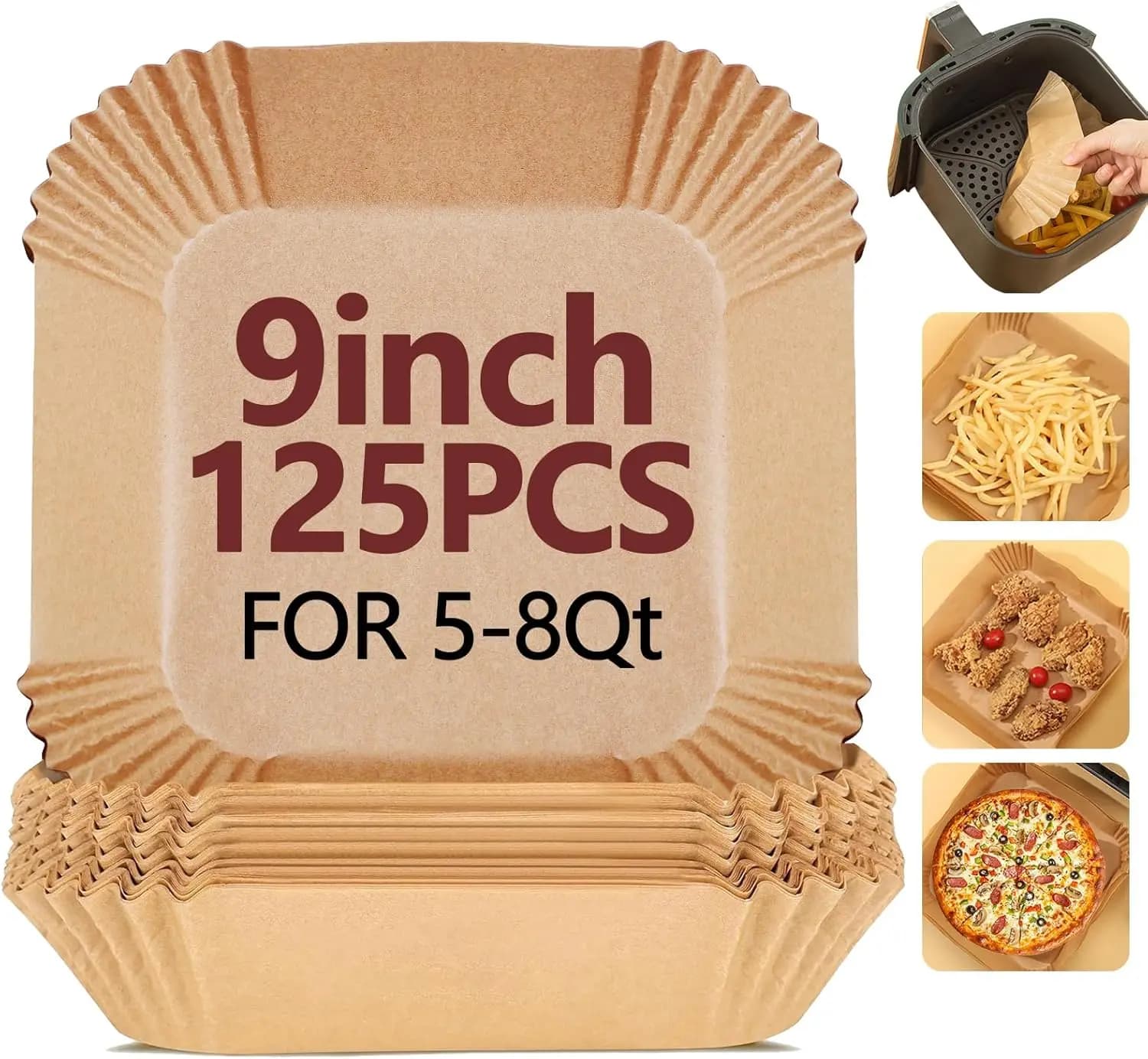 9 Inch Square Oven Paper Sheets, 125 Pieces, Heat Resistant and Air Fryer