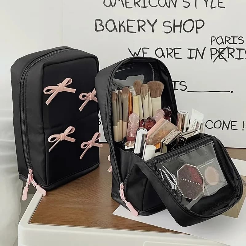 Cute Bow Upright Makeup Brush Organizer Magnetic Makeup Bag Large-Capacity Portable Divided Storage Tube Makeup Organizer