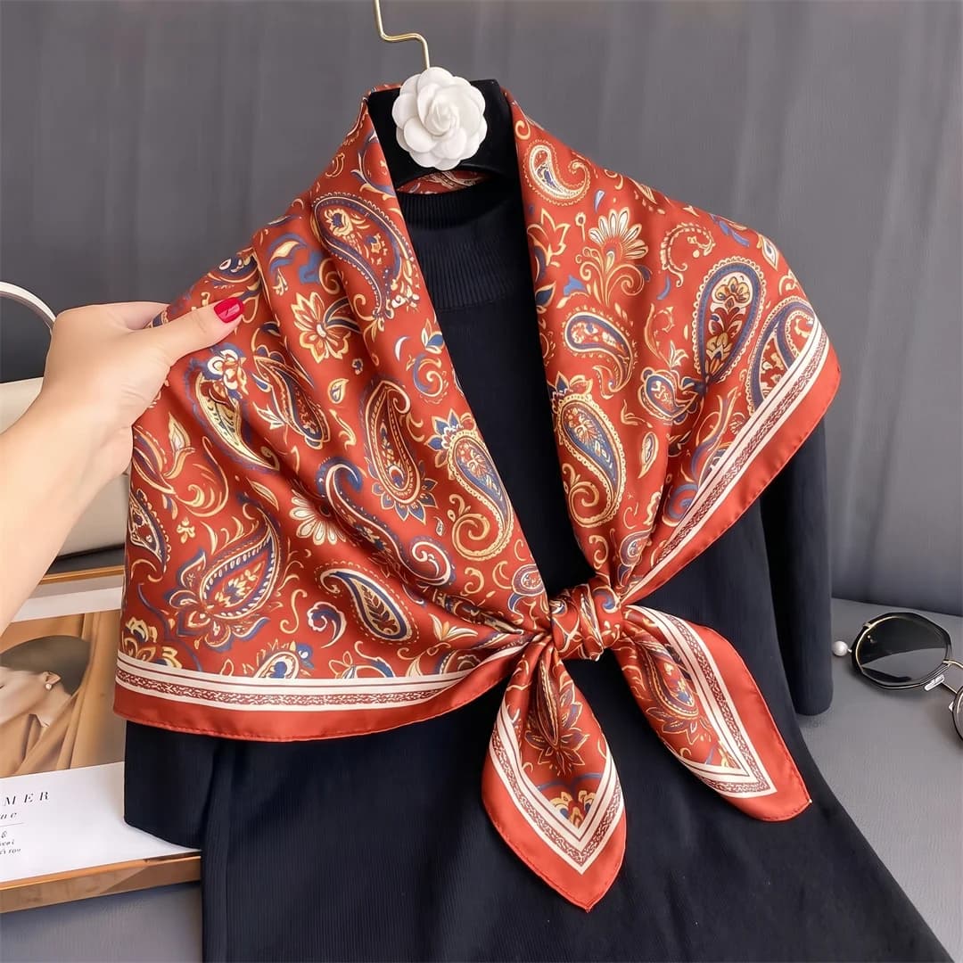 90cm Silk Square Scarf Summer Fruit Print Shawl for Women Elegant Office Neck Wrap Fashion Bandana Ladies Holiday Gift Scarves