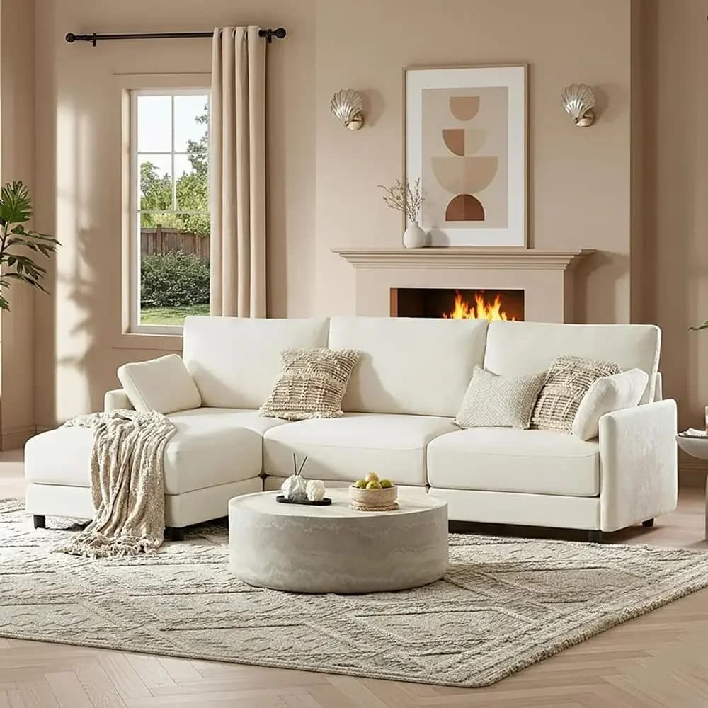 Divano Componibile a L con Pouf, Divano Ispirato alle Nuvole per Soggiorno, Divano Confortevole a 4 Posti, Rivestimento Rimovibile, Larghezza 107, Crema