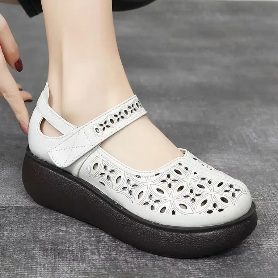 Sandali Donna in Pelle con Zeppa e Punta Chiusa, Nuovi Modelli Estivi con Suola Spessa Antiscivolo, Traspiranti, con Chiusura a Strappo, Scarpe Leggere Nude