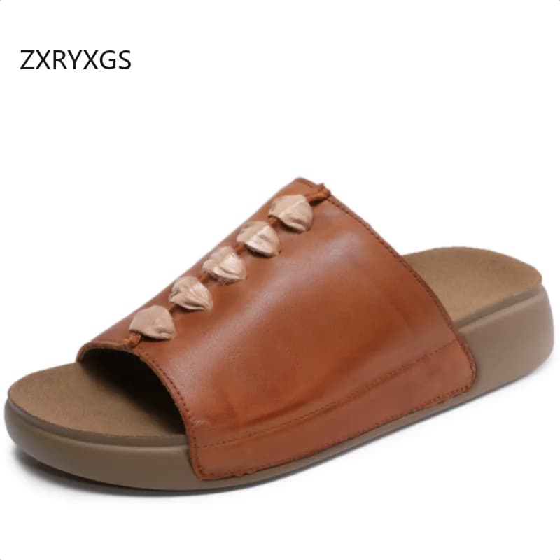 ZXRYXGS 2026 Summer Premium Cowhide Open Toe Slippers Outerwear Shoes Women Sandal Shoes Flat Thick Sole Fashion Casual Slippers