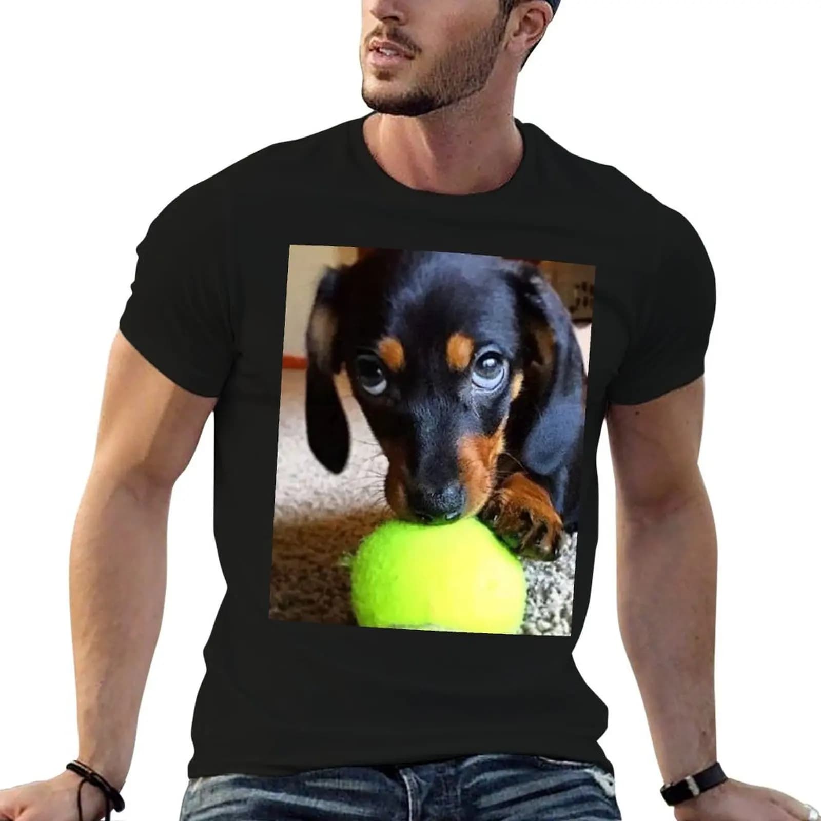 T-shirt con foto di un cane Bassotto, dolce e divertente, con palla da tennis, t-shirt da uomo in cotone semplice, t-shirt da uomo