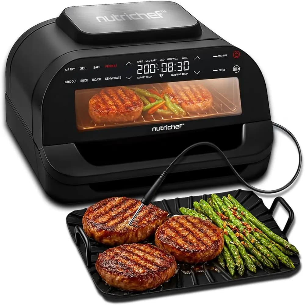 Grill e Friggitrice ad Aria Smart 7 Funzioni - 6L, Termometro Intelligente, Controllo Preciso della Temperatura, Piastre Rimovibili Antiaderenti