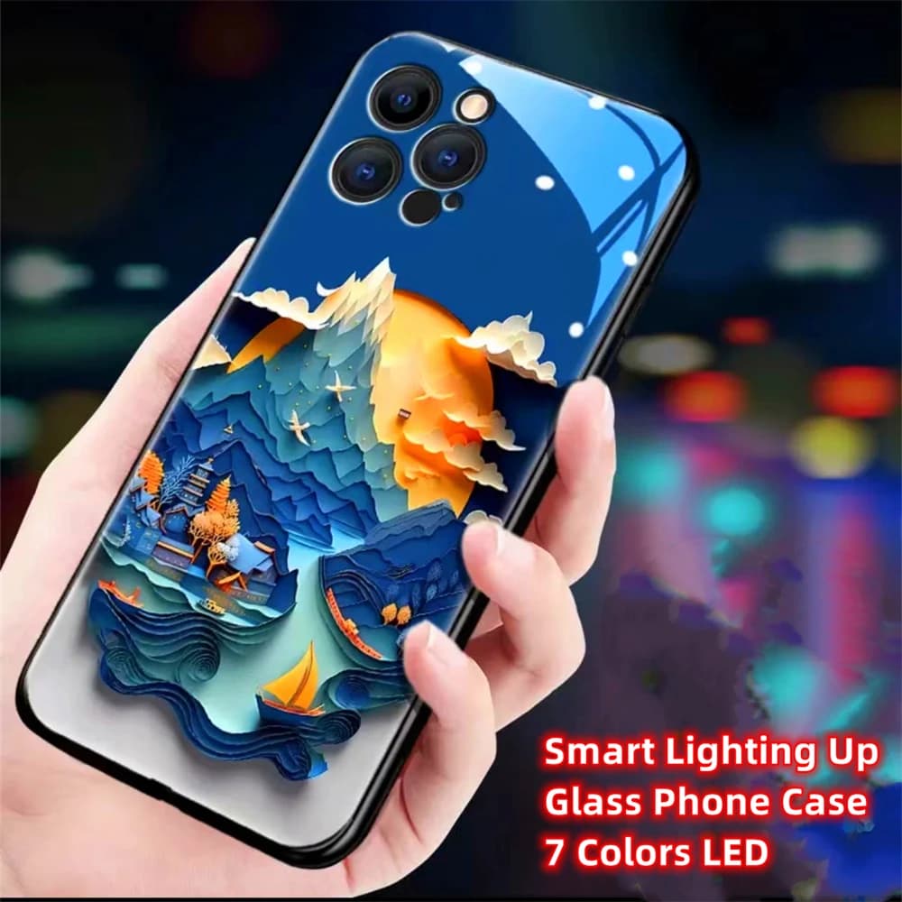 Snow Mountain Pretty Scenery Smart LED Light Glow Tempered Glass Phone Case For iPhone Air 17 16 15 14 13 12 11 Pro Max Plus