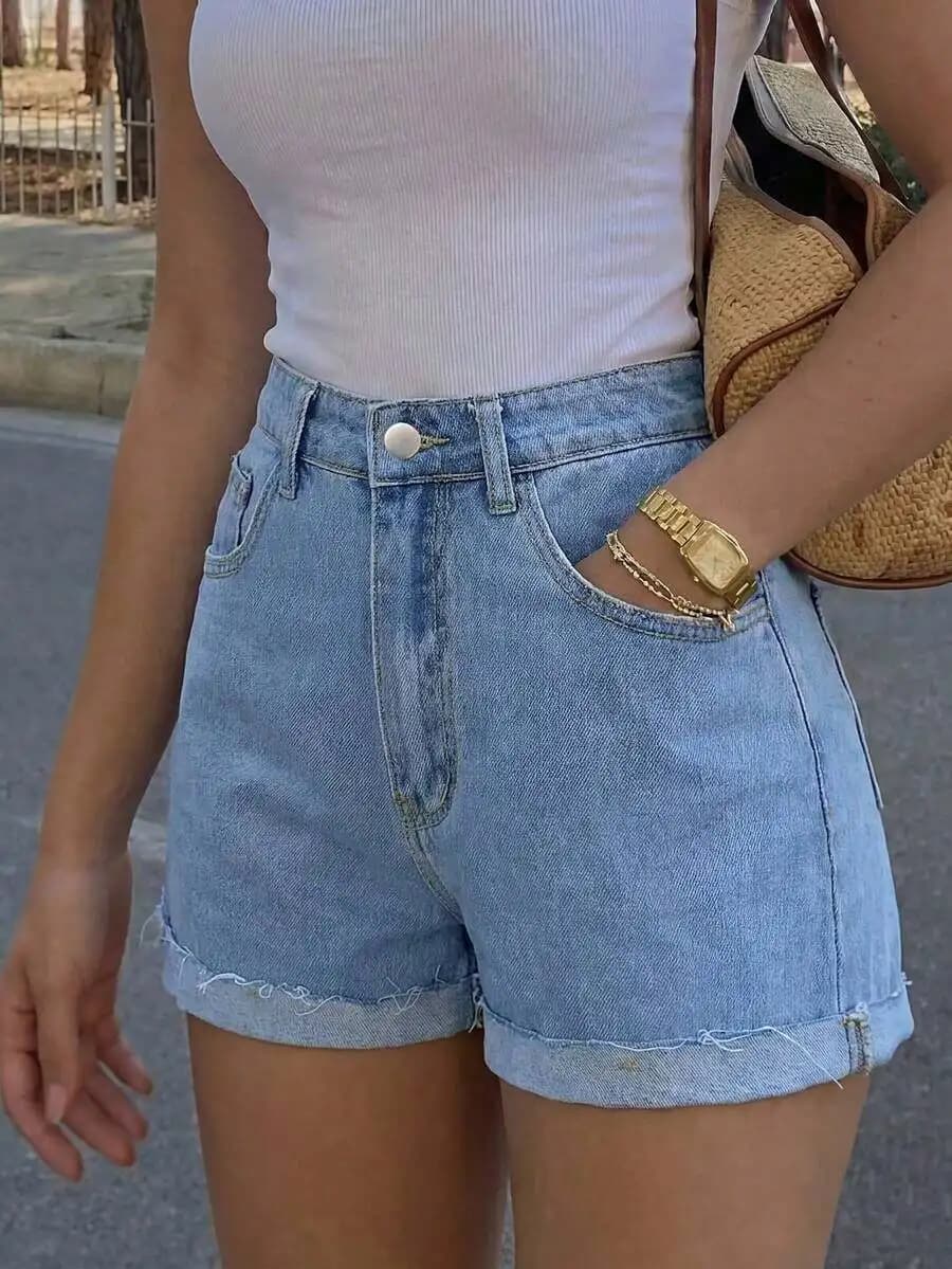 Womens Mid-Waist Washed Denim Cuffed Shorts Casual Summer