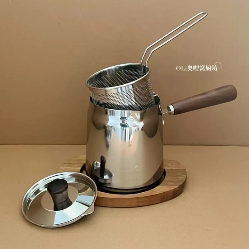 304SS Deep Fryer Pot, Oil-Saving Induction-Ready w/Strainer, Home Elevated Design Compact Electric Skillet