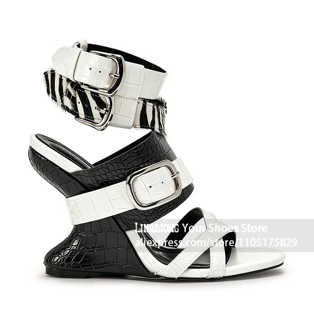 Sculpted Wedge Zebra Faux Horsehair Sandals Metal Buckle Strap Open Toe Wedge Heels Multi Strap Designer Style Summer Footwear