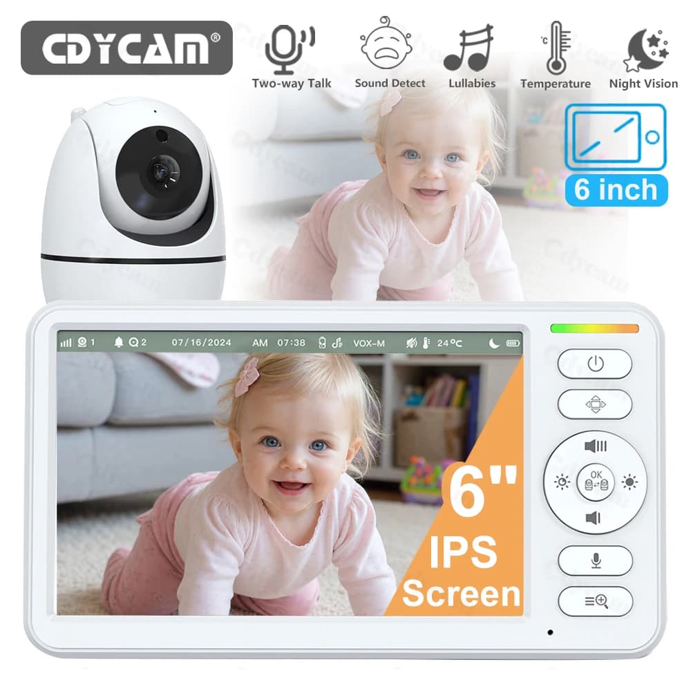 6 Inch Baby Monitor No WiFi PTZ Home HD Security Cam Night Vision Two Way Audio Kids Surveillance Camera With Temperture Display