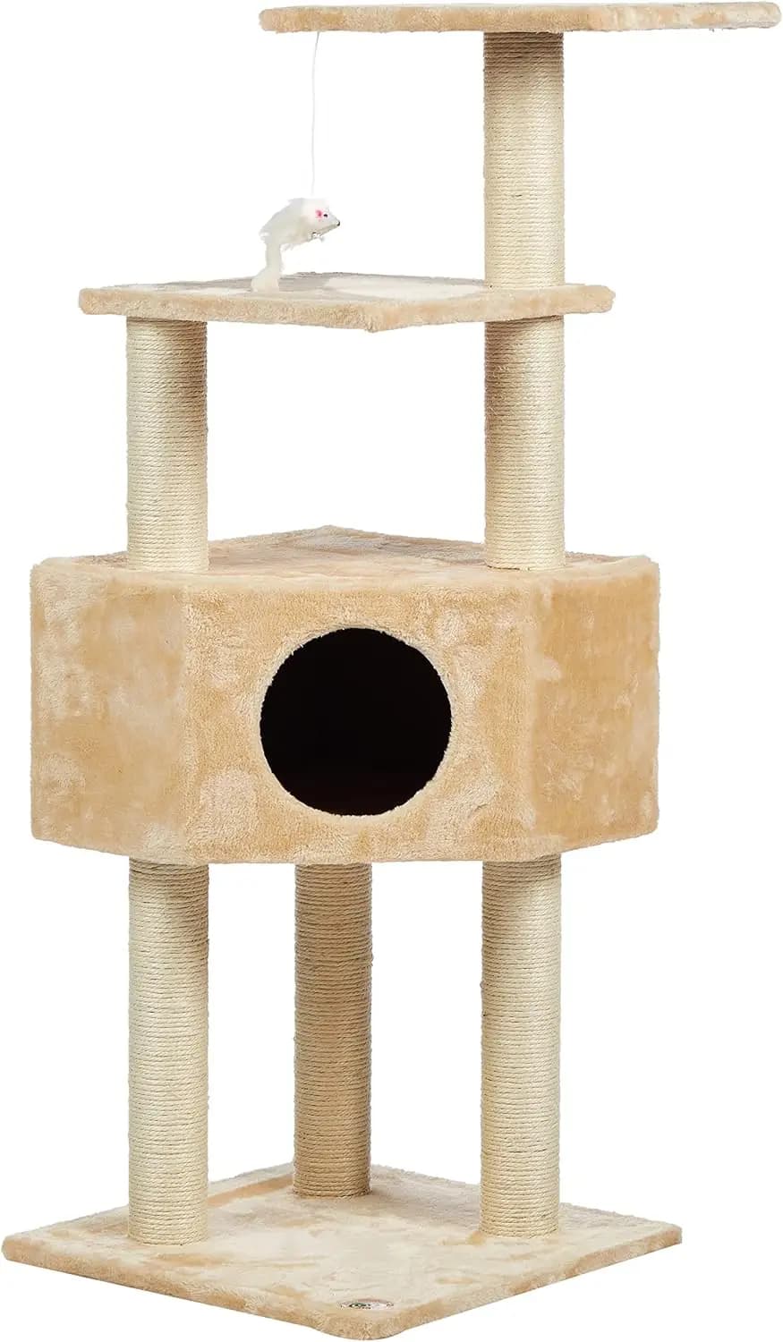 Torre per albero per gatti beige a 4 livelli da 130 cm con corde in sisal naturale, spaziosa condominio accogliente e pompon giocoso per 1-3 gatti da interno