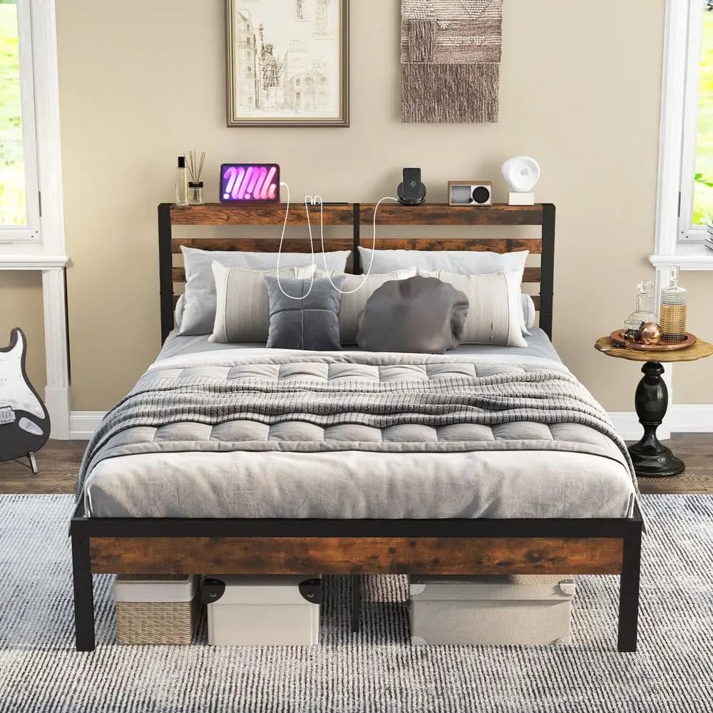 Letto matrimoniale in metallo con stazione di ricarica, letto a piattaforma industriale con testiera contenitore, base per materasso resistente, facile da montare