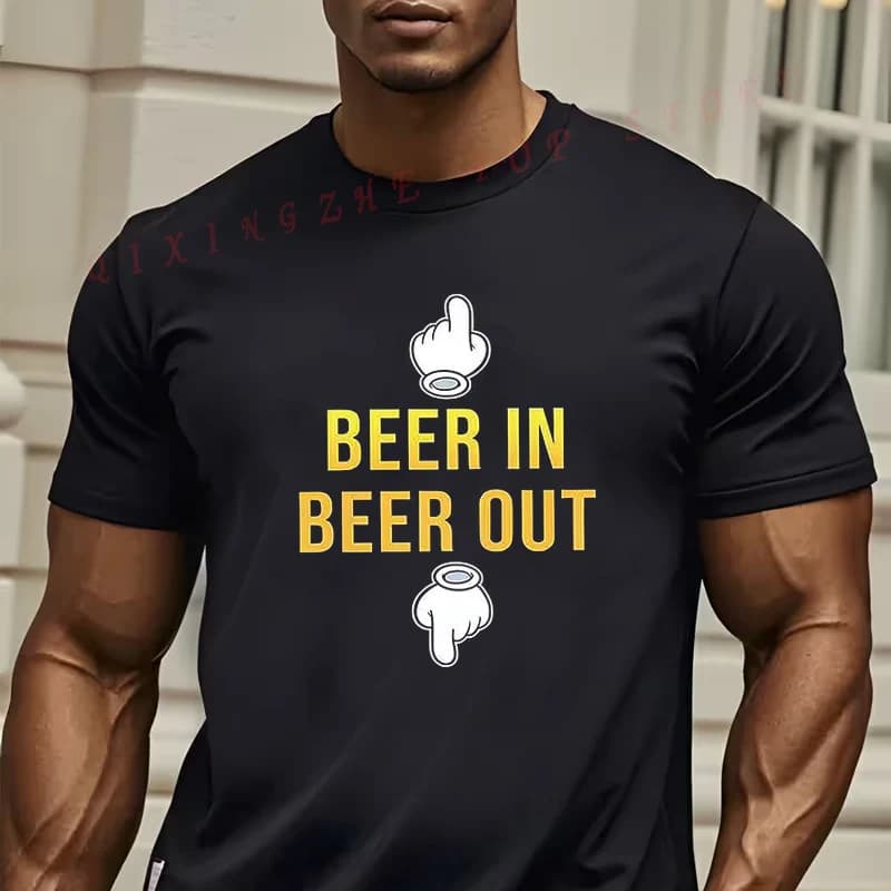 T-shirt divertente a tema birra da uomo - Design Beer In, Beer Out con grafica a forma di boccale di birra, maglietta casual a maniche corte con scollo a O