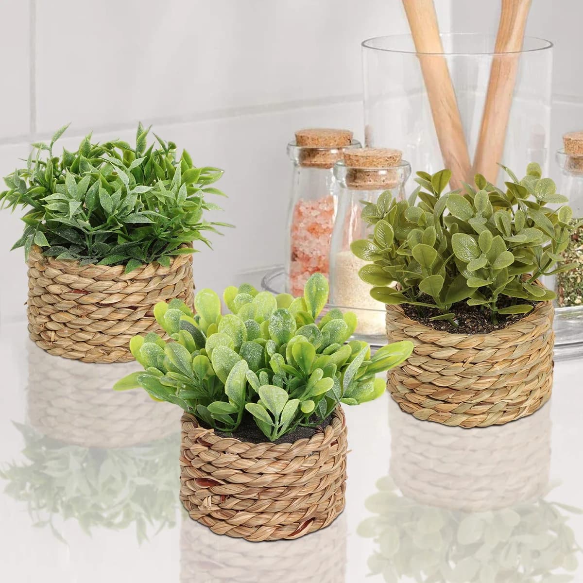 3 pieces of artificial plants green grass weaved small plants pot decoration house decoration house decorations house decorative plants for home
