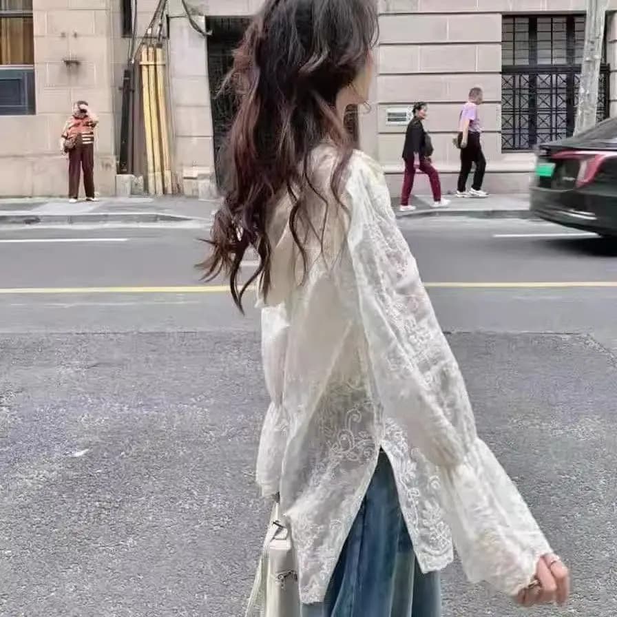 Giacca in pizzo con protezione solare, camicia ricamata estiva, top con inserti in pizzo, abbigliamento con cappuccio per protezione solare da spiaggia