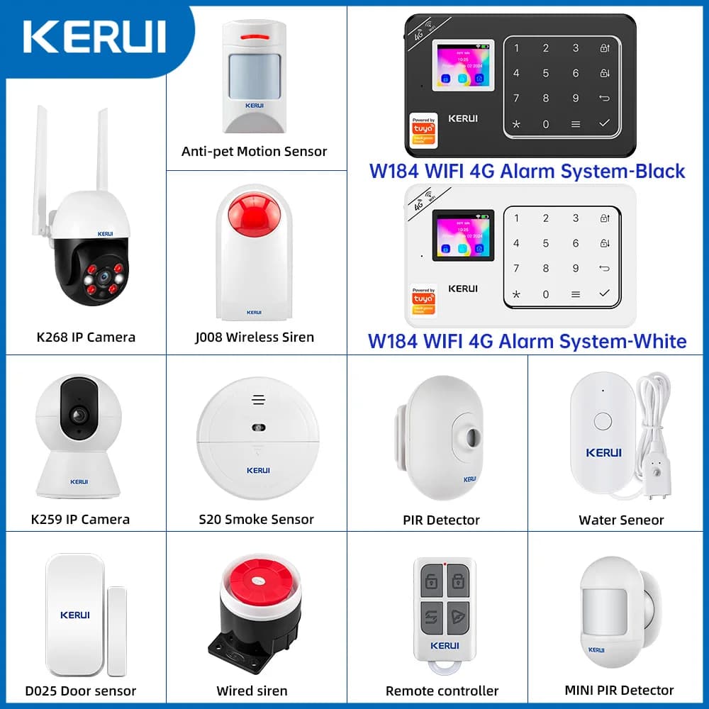 KERUI Fai da te il tuo set di allarme domestico Sistema di allarme 4G / WiFi per la protezione della sicurezza domestica Rilevatore di movimento Sensore porta Tuya Smart APP