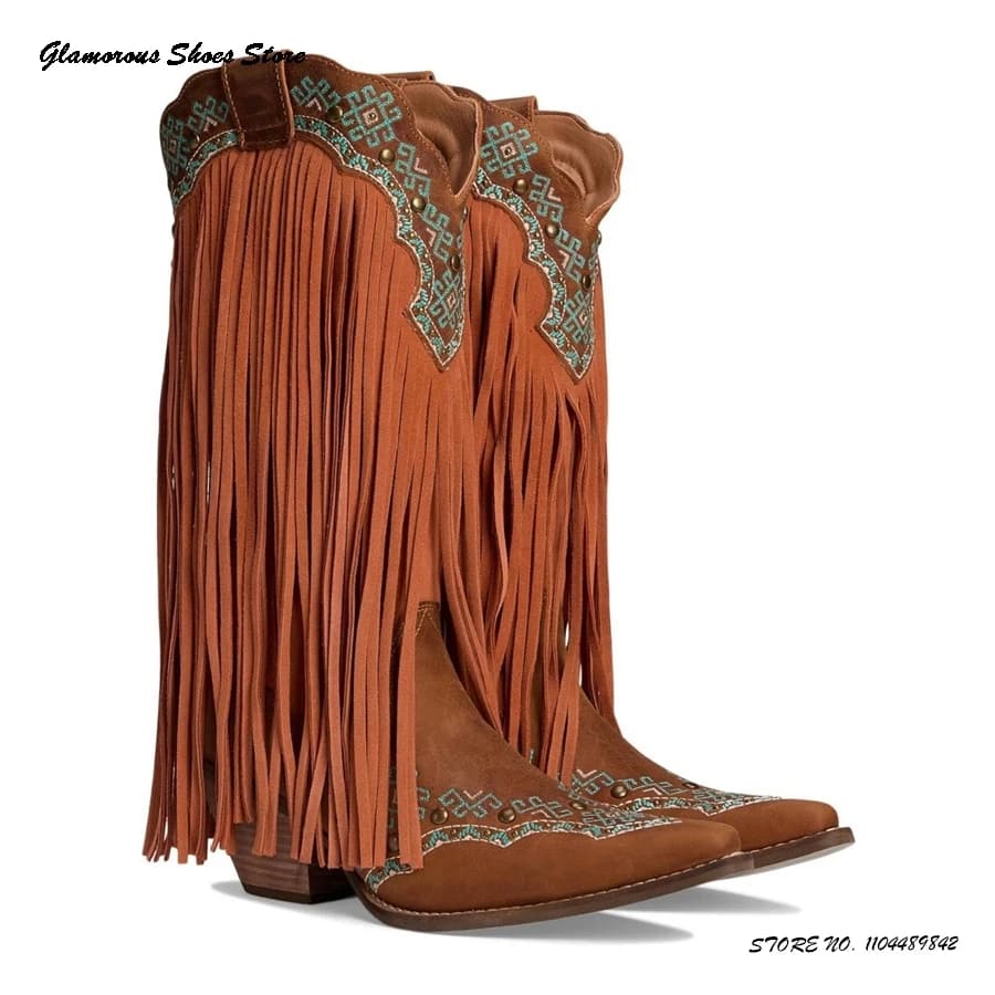 Cowgirl boots with fringes spring autumn riding boots with women's pointed wedge Western Style Pull On casual knee boots