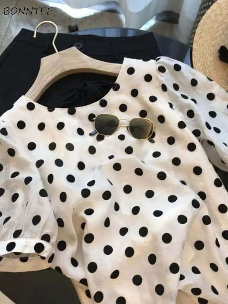 Camicette a pois Donna Elegante Estate Tenera Vintage Office Lady Holiday Beach Style Minoranza Abbigliamento estetico Mujer Quotidiano