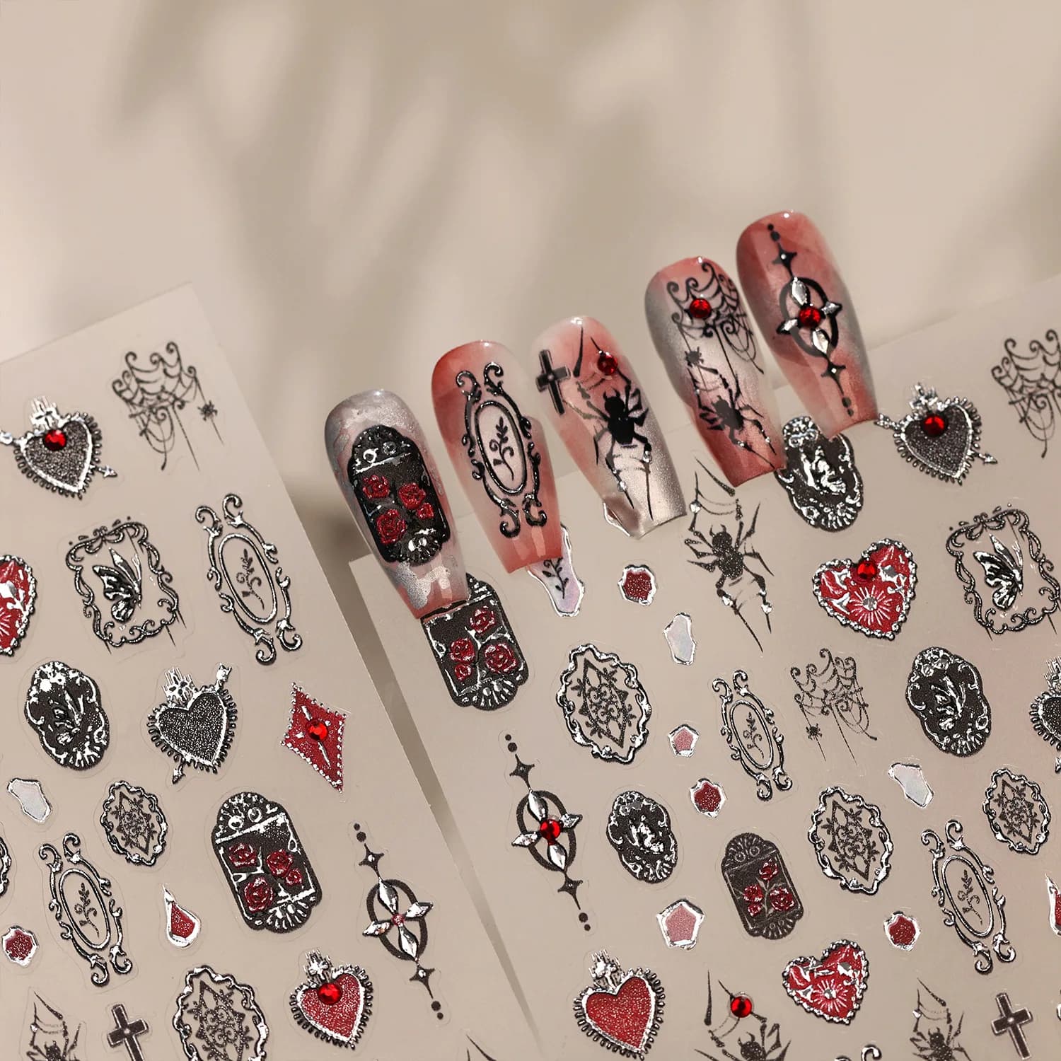 Gothic Retro Red Black Silver Rose Frame Spider Butterfly Rhinestone Reliefs Self Adhesive Nail Art Stickers 3D Manicure Decals