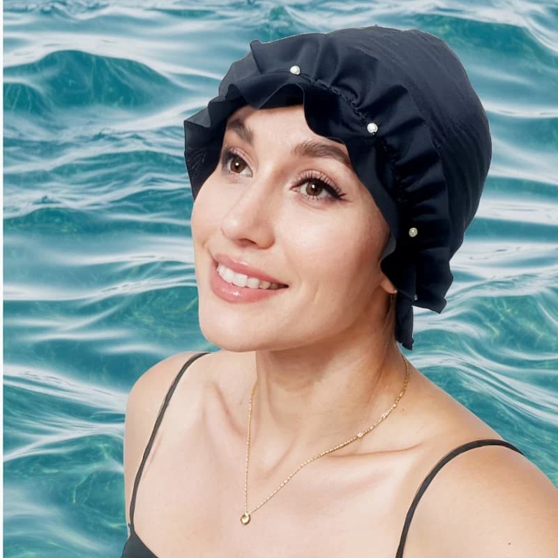 Women Ruffle Swim Turban Stretchy Hair Protection Headwear Slimming Long Hair No-Pressure Ear Cover Hat Spring Spa UPF Sun Cap