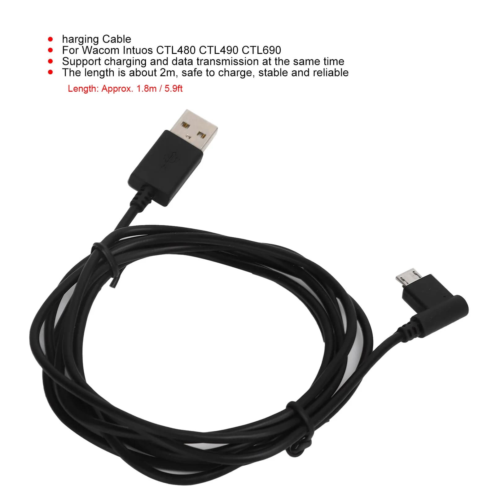 1.8m Charging Cable Power Supply Cord Charging Accessory Drawing Tablet Charging Line for Wacom Intuos CTL480 CTL490 CTL690