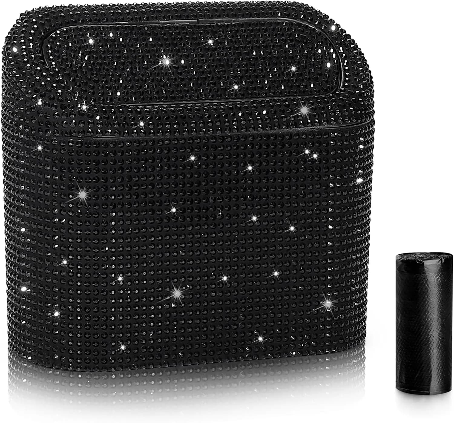 Cestino per auto in cristallo scintillante con coperchio, mini contenitore per rifiuti per veicoli, include 30 sacchetti, design con strass.