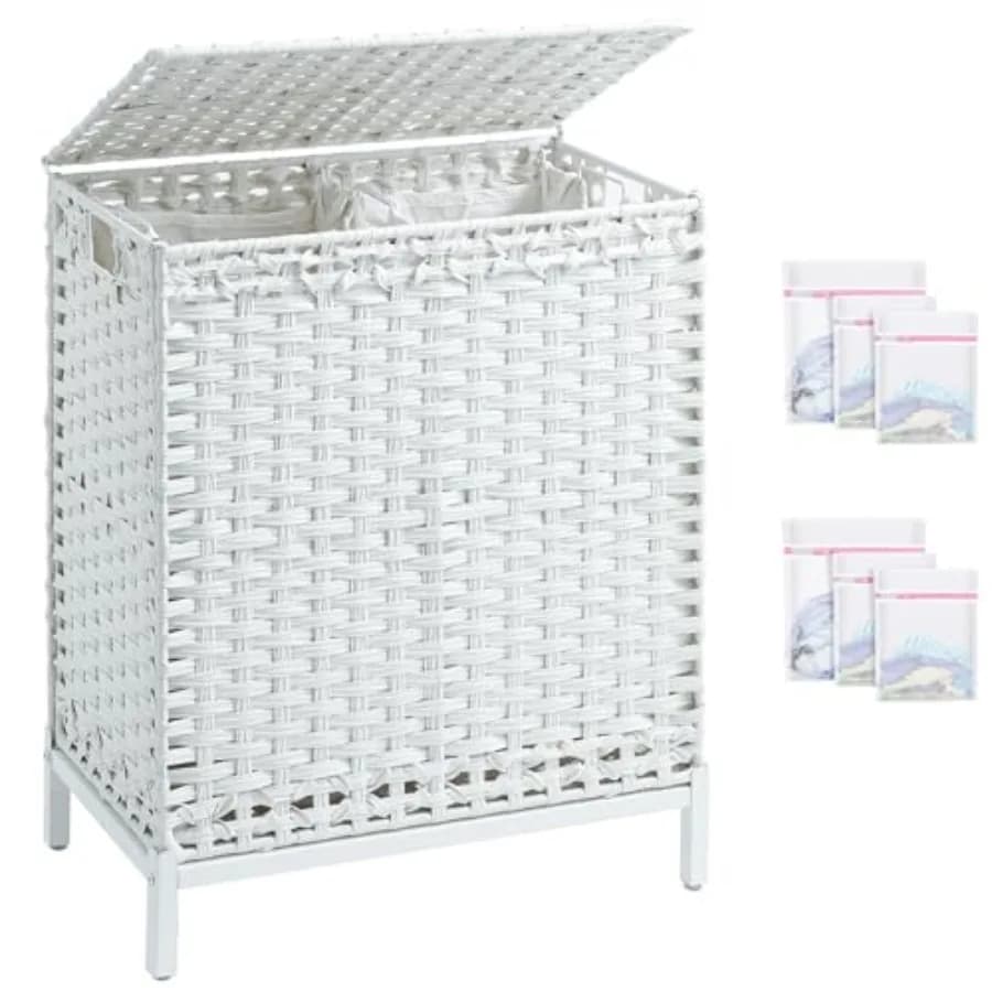 Cesto portabiancheria con coperchio, in vimini di rattan intrecciato a mano, 2 sacchi interni rimovibili, piedini in metallo rialzati, 6 sacchi in rete, 2 sezioni.