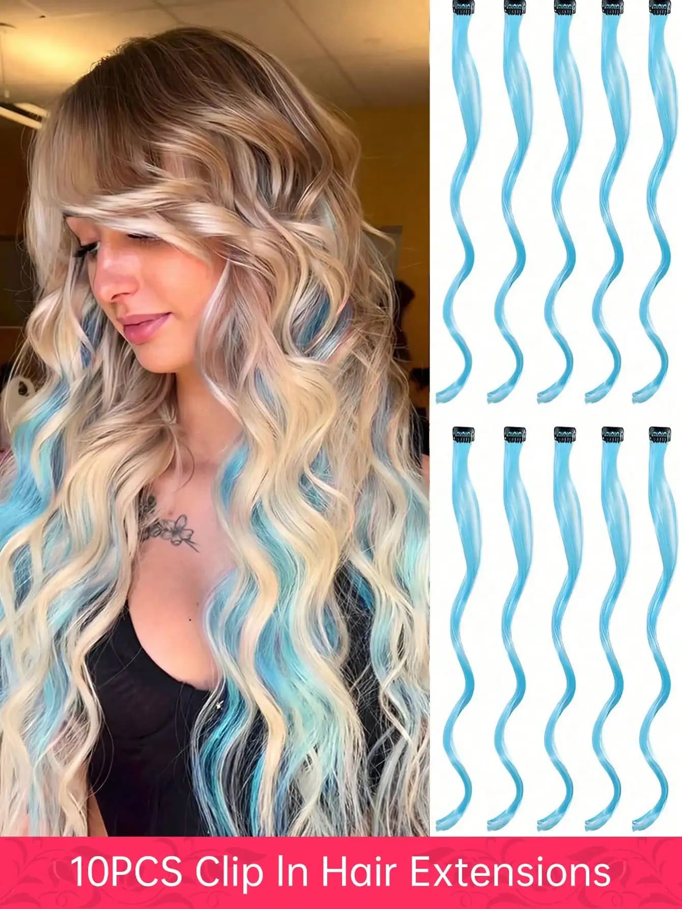10 pezzi di extension per capelli colorati con clip, 22 pollici, lunghi e ricci, in fibra sintetica, colore azzurro, con clip, per la musica