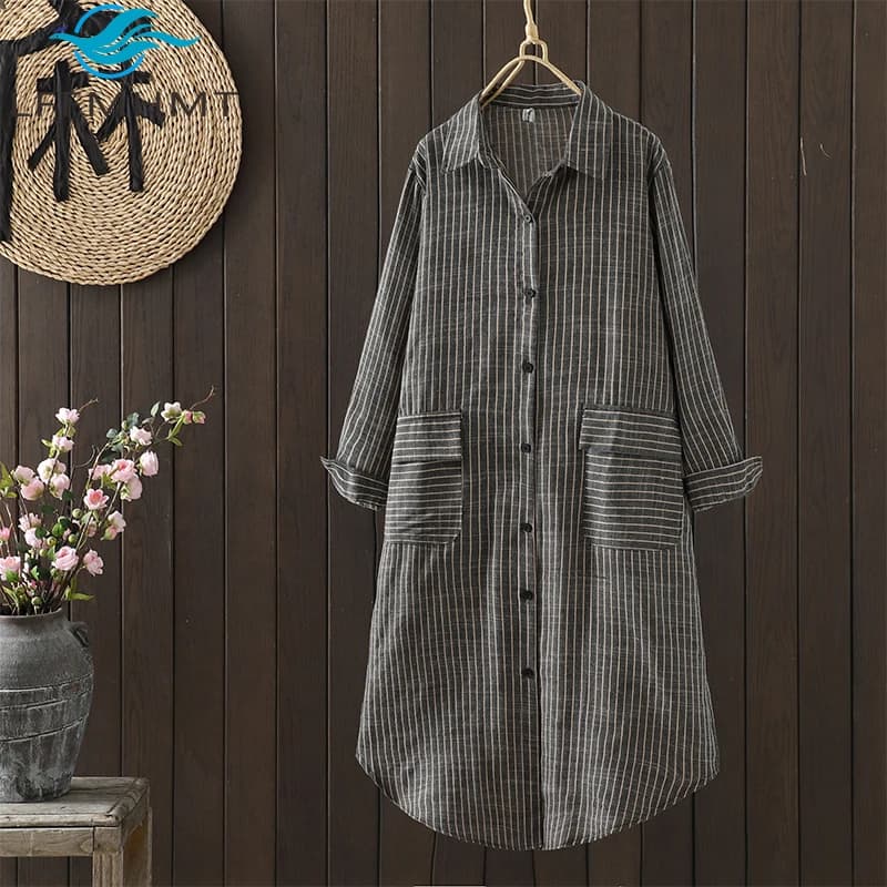 Abito camicia a righe in cotone e lino da donna stile coreano elegante camicetta multitasche a maniche lunghe con etichetta primavera autunno moda top sottili