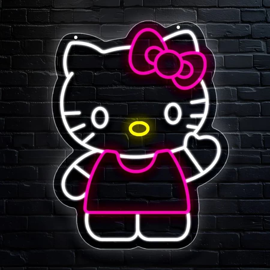 Insegna al Neon USB Dimmerabile Kawaii di Hello Kitty in Abito Rosa, Luce al Neon per Decorazione Camera delle Ragazze e Negozi