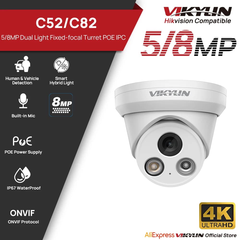 Telecamera IP VIKYLIN 5/8MP 4K con Doppia Illuminazione per Esterni, POE H.265 Onvif, Grandangolo 2.8mm, Rilevamento Movimento, Telecamera di Sorveglianza Domestica CCTV