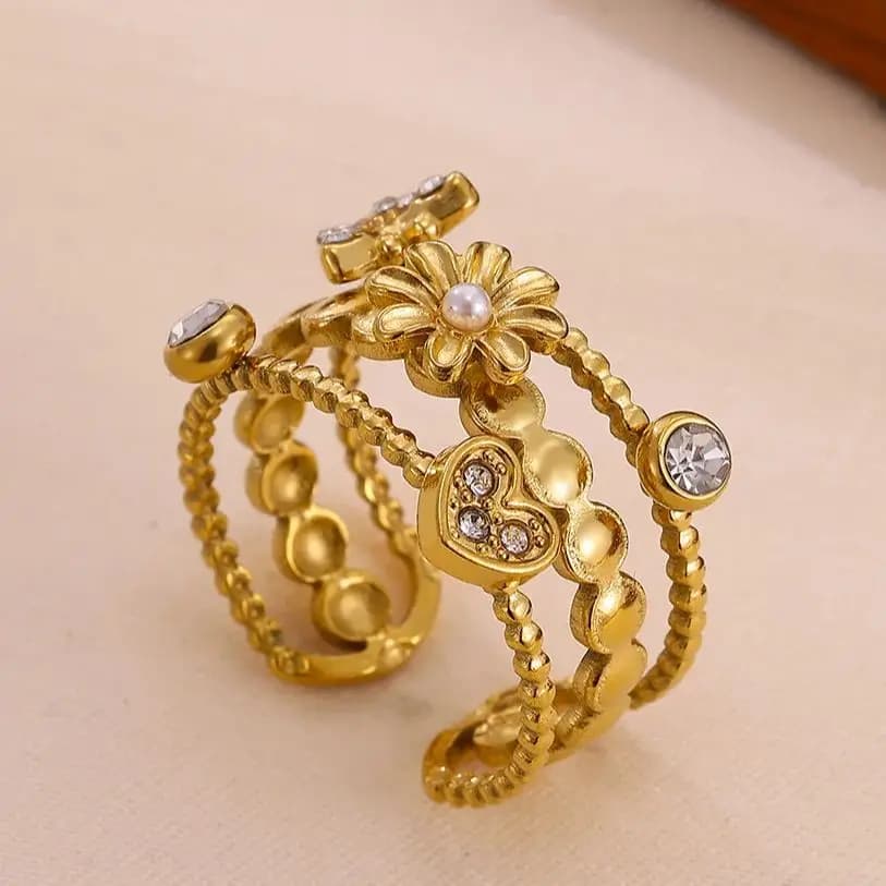 Anello in zircone micro-incrostato con fiore e cuore in acciaio inossidabile per donna Anello regolabile color oro Gioielli da sposa estetici
