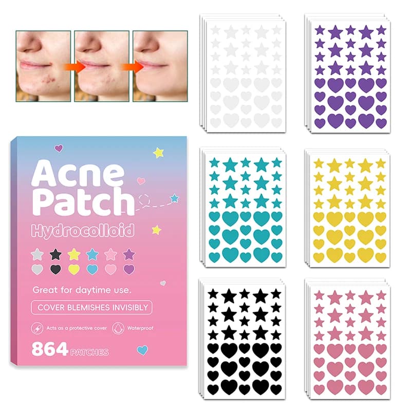 864 Pezzi Cerotti per Acne a Forma di Stella e Cuore, Riparazione Acne, Pulizia Invisibile, Traspirante, Impermeabile, Correttore per Acne, Sbiancante