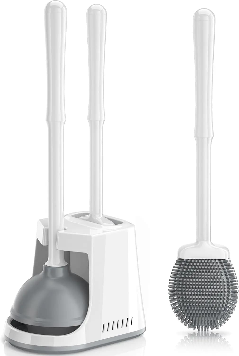 Set 2-in-1 per la Pulizia del WC con Spazzola e Sturalavandini, Supporto Ventilato, Spazzola in Silicone e Sturalavandini Resistente per la Pulizia del Bagno, Bianco
