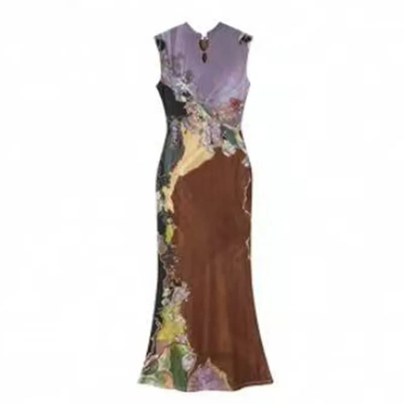 Nuovo Abito Cheongsam in Stile Cinese con Contrasto di Colore, Indossabile Fronte-Retro, Gonna a Sirena Stampata per Donna