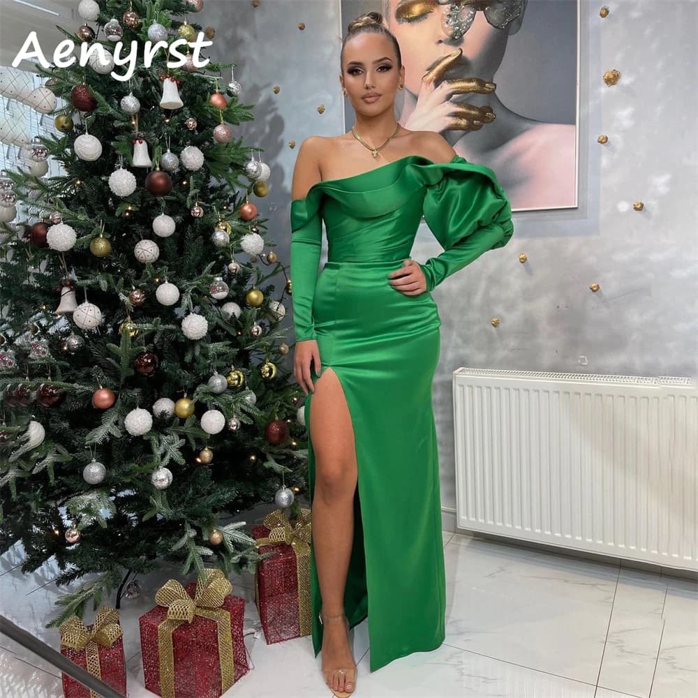 Aenyrst Abiti da sera semplici con spalle scoperte Sirena con spacco laterale Abiti da ballo in raso Lunghezza pavimento Abito da festa Abiti da sera