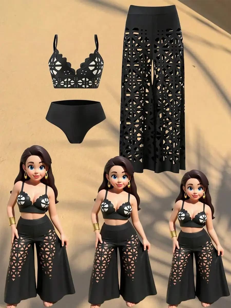 Set bikini estivo da donna in 3 pezzi con top con cut-out e spalline, pantaloncini a vita alta e copricostume a gamba larga con lacci geometrici