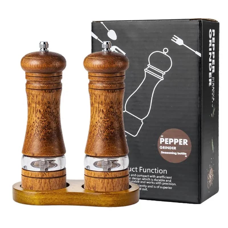 Set di macinapepe manuale in legno massello da 6 pollici con base, strumento per macinare spezie per sale, smerigliatrice ricaricabile con rotore in ceramica regolabile