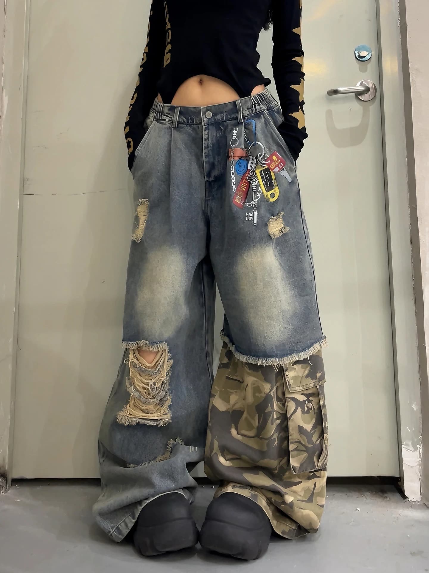 Street Style Distressed Camouflage Print Jeans Women's High Waist Wide Leg Pants Breathable Casual Comfortable Cotton Denim