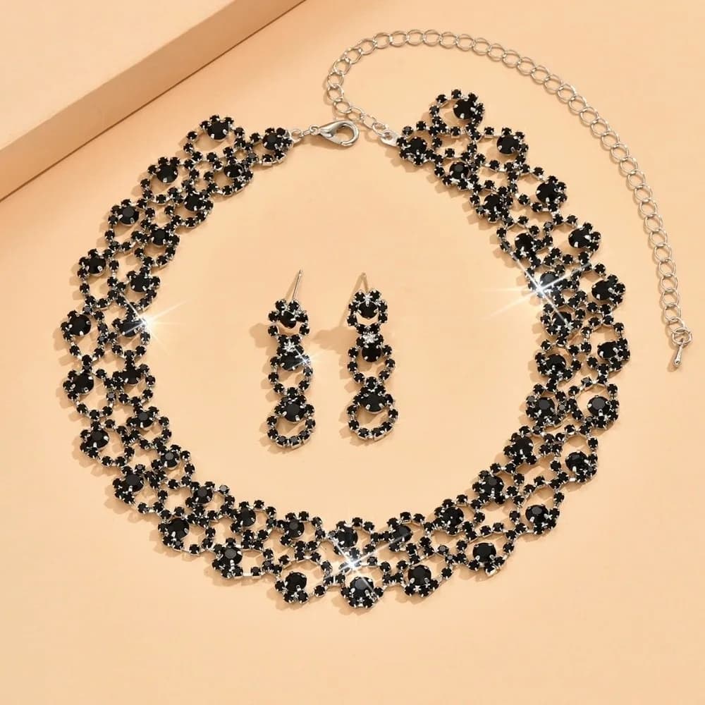 Fashion Rhinestone Necklace Earrings Set Luxury Choker Stud Earrings Neck Chain for Women