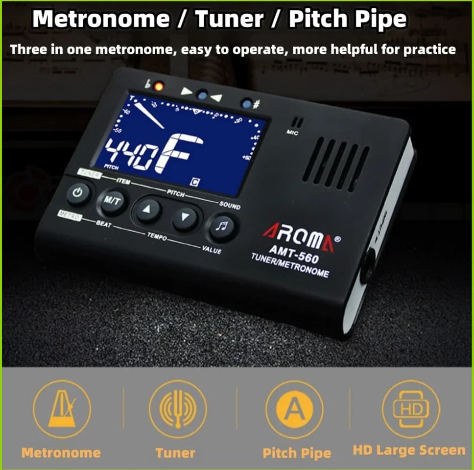 Aroma AMT-560 Sintonizzatore metronomo 3 in 1 Microfono incorporato con cavo pickup Display LCD da 6,3 mm per chitarra Basso cromatico Violino Ukulele