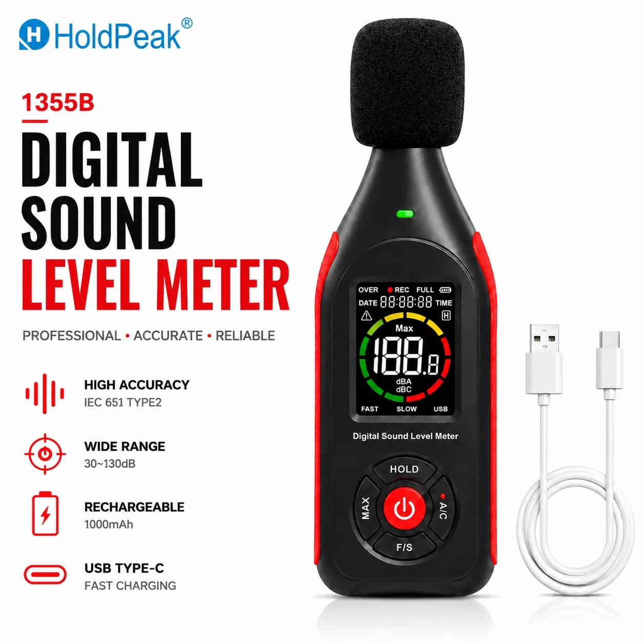 Decibelmetro, Misuratore di Livello Sonoro e Rumore, Misuratore SPL da 30dB a 130dB(A) con Registrazione, Allarme Visivo, Ponderazione A/C
