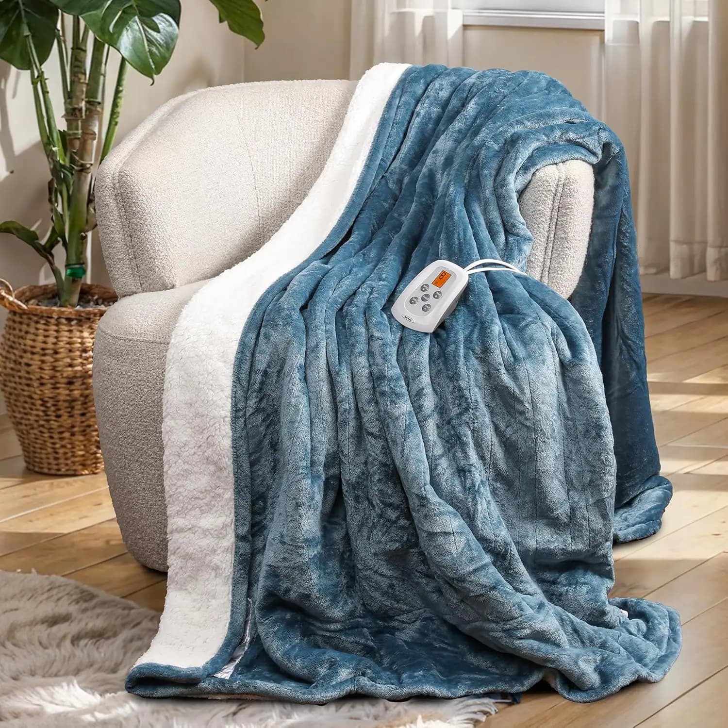 Coperta riscaldata doppia misura con 10 livelli di calore, timer di spegnimento automatico, certificata ETL, lavabile in lavatrice, blu