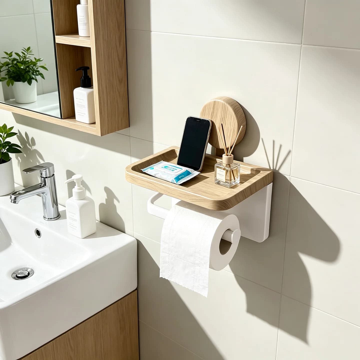 Bathroom Wall Mount Suction Tissue Roll Holder, Decorative Wood‑Look Storage Tray, No Drilling Toilet Paper Rack for Bathroom & Washroom