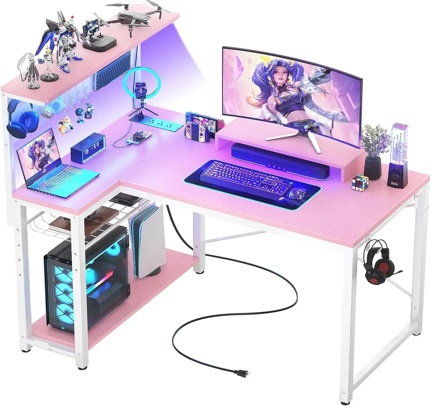 Small gaming desk with power sockets, perforated panel and LED light, 43 inch L-shaped computer desk with monitor support and storage shelves, Reve