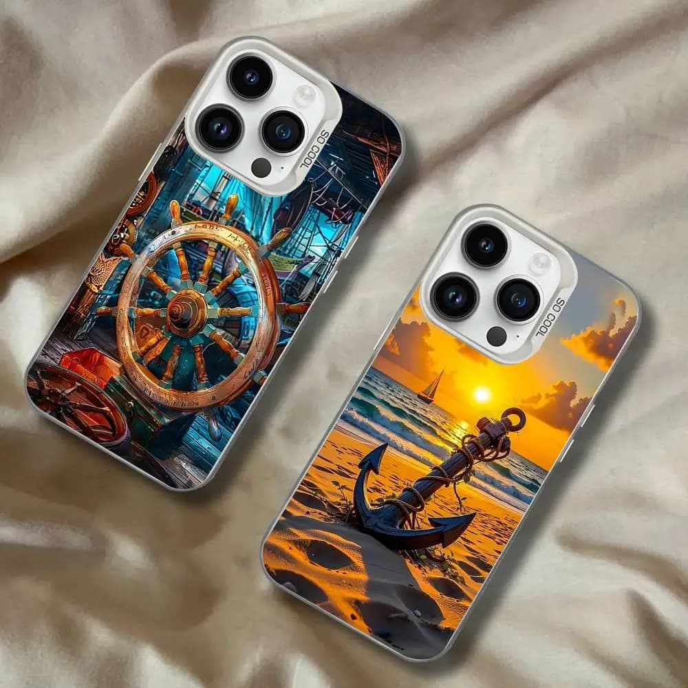 Cover Opaca Antiurto Bianca a Tema Ancora e Timone Nautico per iPhone 17, 16, 15, 14, 13, 12, 11, Mini, Pro, E, SE4, XS, MAX
