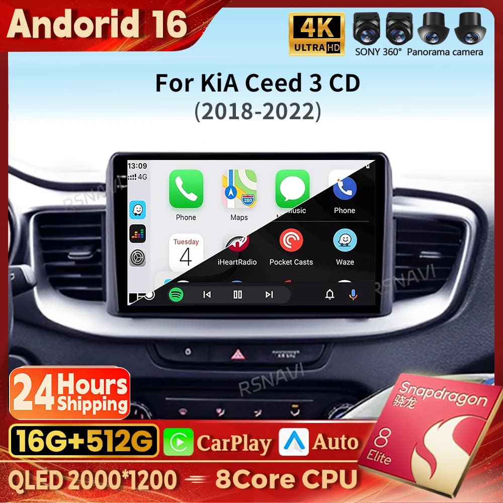 Autoradio Android 16 con Carplay per Kia Ceed 3 CD 2018-2022, Navigazione GPS, Lettore Video Wireless, Stereo, Telecamera 360°, DSP