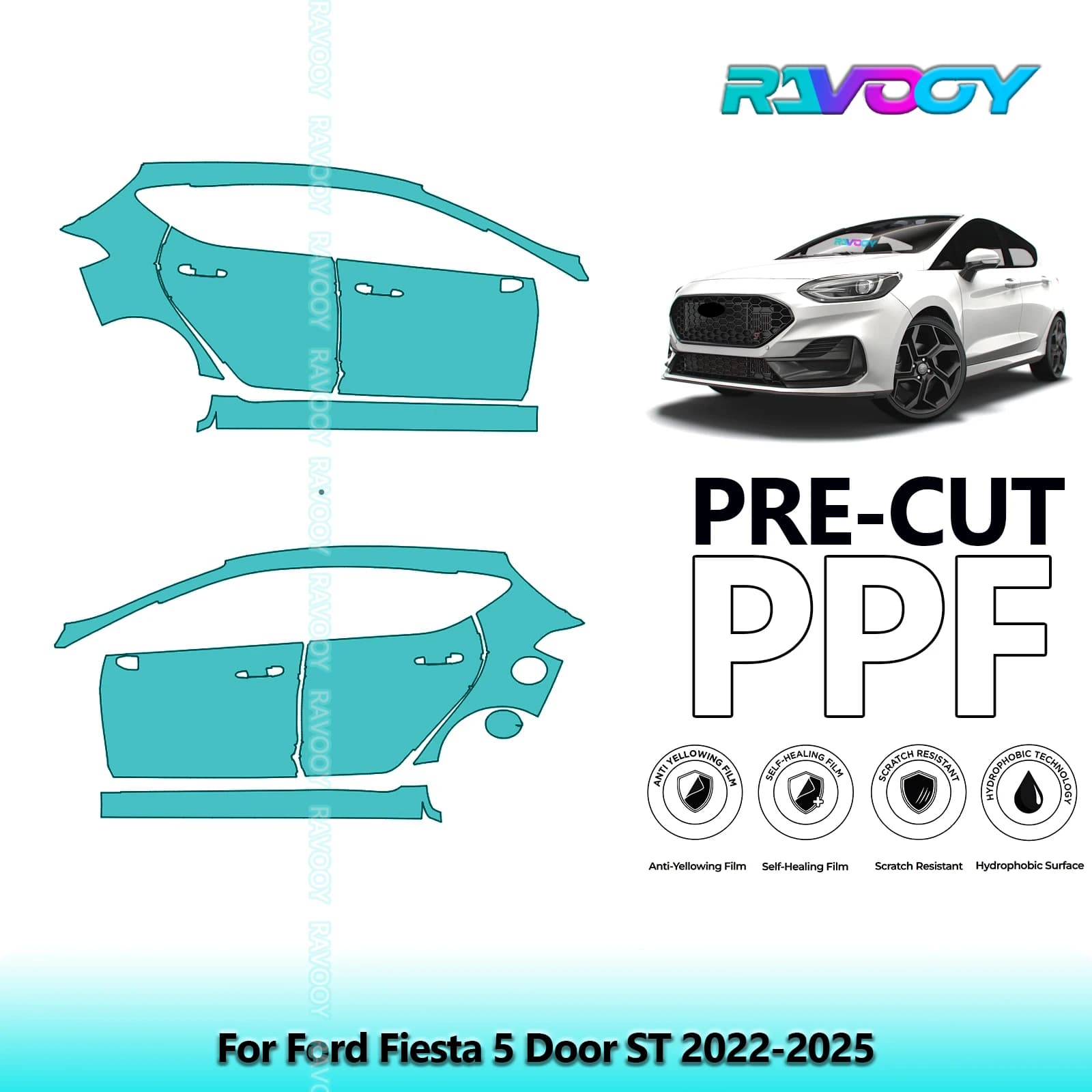 Per Ford Fiesta 5 porte ST 2022-2025 8.5mil Trasparente opaco Pre-Cut PPF Porta e kit pilastro A/B Set di pellicole di protezione vernice TPU