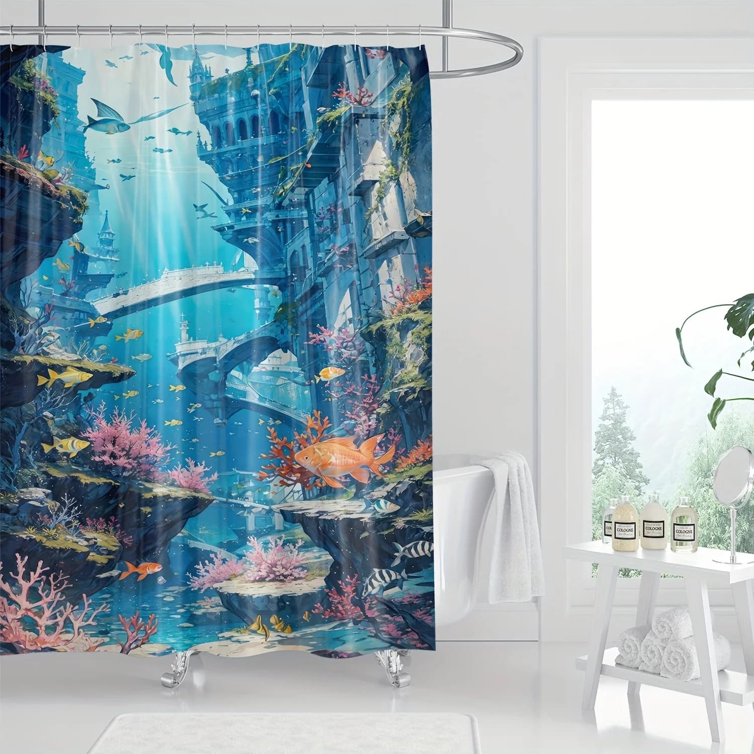 Tenda da doccia artistica subacquea per paesaggi urbani, stampa vibrante della vita marina, poliestere impermeabile, arredamento per il bagno per tutte le stagioni
